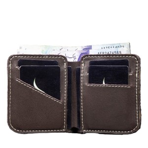 Minimalist Dark Brown Genuine Leather Bifold <b>Card</b> <b>Holder</b> <b>Wallet</b> With White Contrast Stitching Slim Cash Pocket For EverydayCarry - Product Image 5