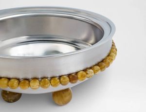 Casserole moderne en acier inoxydable avec bordure en perles de bois et couvercle, récipient isotherme rond pour aliments, plat de service classique pour la cuisine - Product Image 2