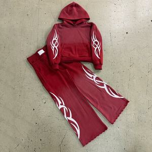Men's Premium Tribal Tracksuit 2026 Burgundy <b>Red</b> Cyber Y2K Pullover Hoodie and Wide Leg <b>Flare</b> Pants Graphic Streetwear Outfit HD - Product Image 1