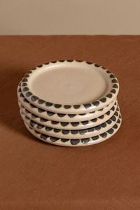 Round <b>Ceramic</b> Flat <b>Plate</b> Handmade Minimalist Design Blue Rim Speckled Finish Dinnerware Set - Product Image 4