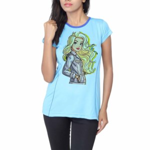 T-shirt décontracté noir à col rond et manches courtes pour femme, imprimé numérique motif dessin animé fille, en denim 100 % coton biologique, écologique, coupe classique - Product Image 2