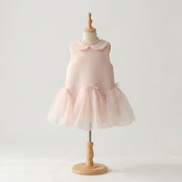 Robe de princesse pour filles TUTUPETTI en satin et tulle rose blush, coupe trapèze, respirante, longueur genou, avec col Peter Pan et nœud, style vietnamien