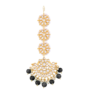 Tikka Kundan étnica chapada en oro con perla de esmalte azul, joyería hecha a mano para la frente, para mujeres, para bodas - Product Image 1