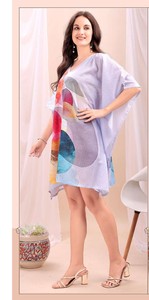 ANY Digital Printed Feather Polysilk Middle Eastern Loose Fit <b>Kaftan</b> <b>Summer</b> Casual Women's Maxi Short Sleeve - Product Image 4