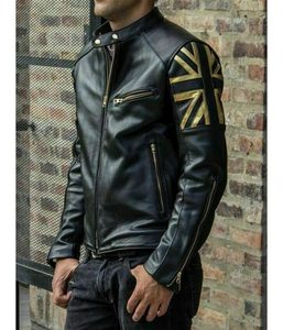 Blouson en cuir noir haut de gamme pour homme, coupe ajustée, avec patch drapeau doré, en cuir d'agneau véritable, vêtement de moto, vente en gros - Product Image 2