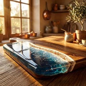 Planche à découper en bois et résine époxy décorative, faite à la main, pour la cuisine, la préparation des aliments et le service - Product Image 6