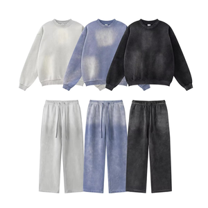 Ensembles de survêtements streetwear pour hommes, épais, en molleton respirant, avec sweat-shirts à col rond et pantalons de survêtement, effet délavé Monkey Wash et usé - Product Image 1