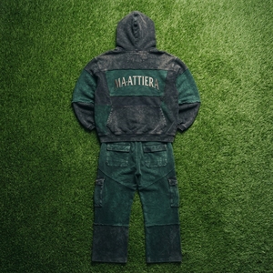 Mens Green <b>Black</b> Acid Wash Color Block <b>Zip</b> <b>Hoodie</b> Cargo Pants Tracksuit Set Custom Streetwear Casual Fashion Outfit - Product Image 6