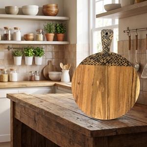 Planche à découper en bois de Suar de qualité alimentaire avec élégante incrustation en bambou noir, grande, ronde, brun clair, pour la cuisine et l'usage domestique quotidien - Product Image 4
