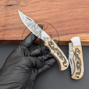 Handmade Damascus Steel Drop Point Folding Knife Set Wooden Resin Handle Industrial Grade Pocket Knife Leather Sheath <b>Fire</b> - Product Image 2