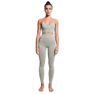 Seamless <b>Yoga</b> <b>Set</b> 2 Piece High Waist Crop Top Full Length Leggings Solid Color Strap V Neck Sport Wear for Women - Product Image 3