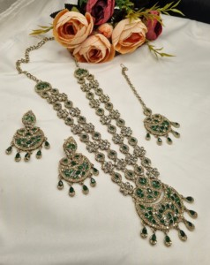 Traditional Flower Motif Dual Layer Long Necklace Earrings And Mangtika <b>Set</b> <b>For</b> Women Designer Fashion <b>Jewellery</b> <b>Set</b> Collections - Product Image 1