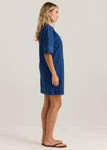 Classic Blue Wash Denim Wrap Dress Machine Stitched Comfortable Fitted Denim Wrap Denim Jeans V-Neck Casual Dresses In Low MOQ - Product Image 3