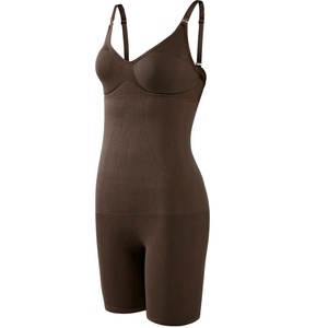 Women Knitted Spaghetti Strap Bodycon Bodysuit Tummy Control Shapewear Solid Black Above Knee Length Seamless Fit - Product Image 3