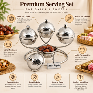 Élégant ensemble de service pour fruits secs en argent avec 4 bols en acier martelé à couvercle et support métallique pour dattes, bonbons, collations – Vaisselle de table - Product Image 5