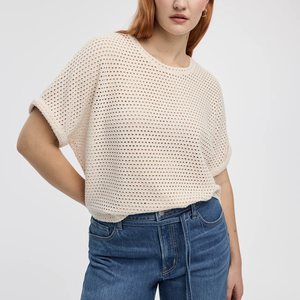 เสื้อคอกลมแขนสั้นถักสีครีมสีทึบทรงหลวมสวมใส่สบายสำหรับผู้หญิง - Product Image 3