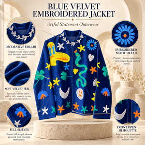 เสื้อแจ็คเก็ตกำมะหยี่สีน้ำเงินรอยัลปักลายศิลปะหลากสีสัน |   เสื้อคลุมสไตล์โบฮีเมียนสุดหรูพร้อมปกตั้งและดีไซน์เต็มตัว - Product Image 5