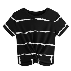 Camiseta Corta a Rayas Blancas y Negras para Mujer, Cuello Redondo, Manga Corta, Corte Holgado, Tejida, Informal, Primavera Verano, 100% Algodón - Product Image 1