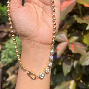 Collares con Soporte para Dijes de 3 Quilates, Cadena de Bolas de Oro Sólido de 14K, Cierre Abierto para Dijes con Diamante Redondo Cultivado en Laboratorio, Cadena de 17 Pulgadas para Usar en Capas - Product Image 1