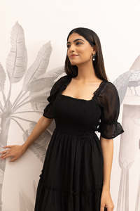 Robe longue en mousseline noire à col carré avec manches bouffantes, coupe trapèze ample, volants, robe d'été décontractée pour femme, magnifique robe imprimée - Product Image 2