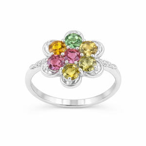 Anillo de Plata de Ley 925 con Turmalina Multicolor, Siete Piedras en Forma de Flor, Inspirado en la Flor Ixora, Chapado en Oro y Rodio - Product Image 4