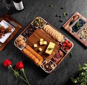 Ensemble de planches à charcuterie en bois d'acacia avec tiroirs, bols en céramique, ensemble de couteaux à fromage, plateau de service, ensemble cadeau pour la cuisine - Product Image 2