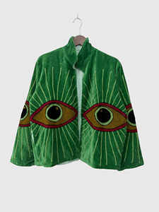 Blouson en velours vert brodé motif œil, col roulé, manches chauve-souris, grande taille, pour femme, collection automne - Product Image 1