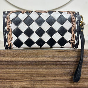 Nouveau portefeuille-bracelet en cuir façonné pour femmes, motif tête de bœuf Western Longhorn, motif à carreaux, élégant et durable, pochette - Product Image 5