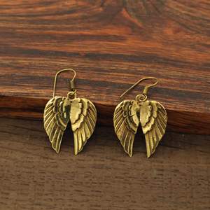 Antique Gold Plated Brass <b>Wings</b> Drop <b>Earrings</b> Vintage Christian Unisex Jewelry - Product Image 1