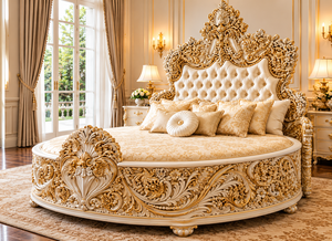 Grand Palace Style Golden Carved Wooden <b>Bed</b> Luxury Crown Round Wooden <b>Bed</b> for <b>Princess</b> Room Maharaja White Queen Size <b>Bed</b> Set UK - Product Image 3