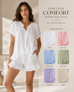 Conjuntos de pijama de algodón tejido liso para mujer, de verano, manga corta, cintura elástica, top con volantes y pantalones cortos - Product Image 2
