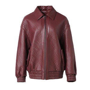 Men's <b>Burgundy</b> PU Bomber <b>Jacket</b> Turn-down Collar Zipper Closure Embossed Pattern Casual Autumn Style Regular Fit - Product Image 1