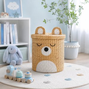 Handmade Water Hyacinth Bear <b>Storage</b> <b>Basket</b> with Lid Kids <b>Toy</b> Organizer Woven Nursery Laundry <b>Basket</b> Home Decor - Product Image 6