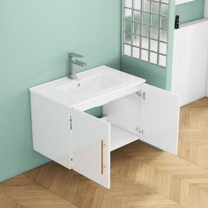 Meuble-lavabo mural blanc brillant de 30 pouces avec doubles portes à fermeture douce, crochets et longues poignées métalliques dorées pour une installation facile - Product Image 6