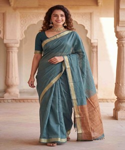 Sari de Algodón con Tejido de Lujo, Sin Coser, Precio al por Mayor, Prenda Étnica 85006, Color Menta - Product Image 2