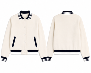 Veste universitaire unisexe crème avec bordure marine, coupe classique, en polyester tricoté, style preppy, pour l'automne - Product Image 2
