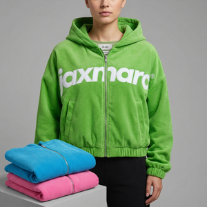 เสื้อแจ็คเก็ตคอร์ดูรอยยูนิเซ็กซ์ขายส่ง ผ้าฝ้าย 100% สไตล์ Y2K สตรีทแวร์ ฮู้ดดี้ครอป ดีไซน์ริบบิ้น รับผลิตโลโก้ตามสั่ง แบบ OEM สำหรับใส่ลำลอง - Product Image 3