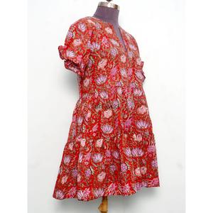 Women's Sweet Mini Casual Lace Up Cotton Short <b>Dresses</b> Hand Block Printed Design A-Line Cute Pockets Simple Everyday Wear - Product Image 4