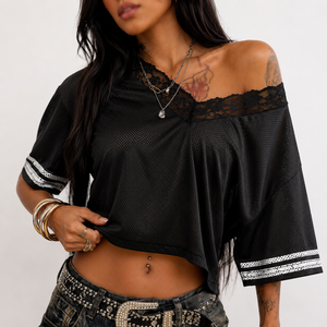 Camiseta Deportiva Corta de Malla con Cuello Ancho Estilo Y2K para Mujer, Jersey de Fútbol Americano al por Mayor, OEM ODM - Product Image 2
