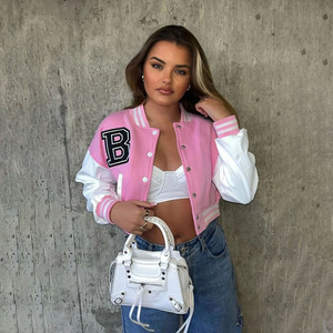 Direct Factory Supplier Women's Winter Cropped <b>Varsity</b> Baseball <b>Jacket</b> with Sheepskin Trim Cotton Breathable Windproof - Product Image 6