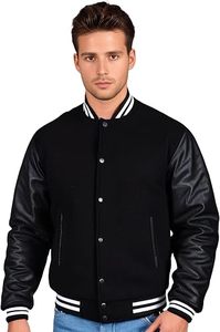 Veste varsity noire pour homme, manches en cuir PU, col rabattu, boutons sur le devant, vêtement décontracté pour l'automne - Product Image 6