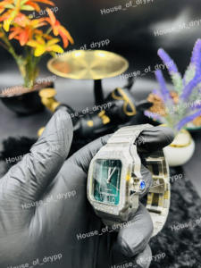 Montre de luxe à mouvement automatique avec cadran vert arabe, boîtier carré serti de diamants Moissanite VVS, fenêtre de date - Product Image 4