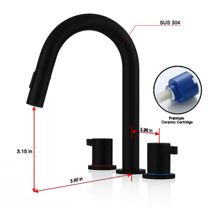 Rubinetto Lavabo Nero Opaco da 8 Pollici con 2 Maniglie e Design a 3 Fori, con Doccetta Estraibile a 360 Gradi e Scarico Pop-Up - Product Image 4