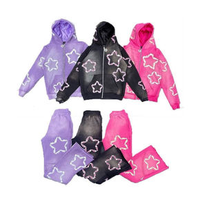 Conjunto de chándal de dos piezas para niñas, sudadera con capucha y cremallera, estampado de estrellas, traje de algodón para correr, conjunto de otoño para niños - Product Image 2