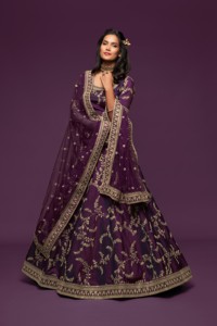 Purple Embroidered Bridesmaid <b>Lehenga</b> Set Art Silk Choli Dupatta Floor-Length A-Line Wedding Festival Outfit - Product Image 3