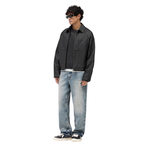 Veste en cuir véritable noire pour homme, col chemise, manches raglan, fermeture éclair bidirectionnelle, coupe courte et ample, style streetwear minimaliste - Product Image 3