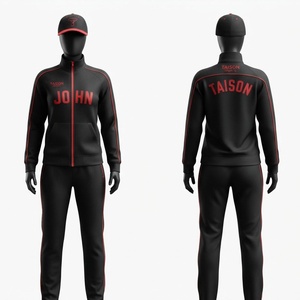 ชุดฝึกซ้อมเบสบอล TAISON SPORTS รุ่นพรีเมียม ผ้าโพลีเอสเตอร์ 300 GSM สีดำ แต่งขอบสีแดง พร้อมปักโลโก้ด้วยความร้อนตามสั่ง - Product Image 1