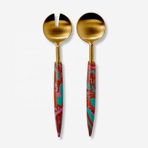 Ensemble de couverts de luxe Royal Gold en acier inoxydable, serveur à salade argenté avec manche en résine multicolore unique, ensemble de vaisselle - Product Image 1