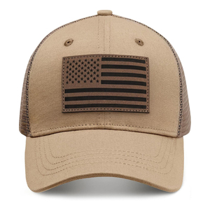 <b>Navy</b> Blue Trucker Cap With American Flag Patch Tan Brim Unisex Adjustable 6-Panel Casual <b>Hat</b> - Product Image 4