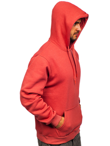 Men's Red Hooded Sweatshirt Regular Fit Solid Color Casual Fleece Hoodie with Front Pocket Knitted Cotton Autumn Wear - Product Image 2